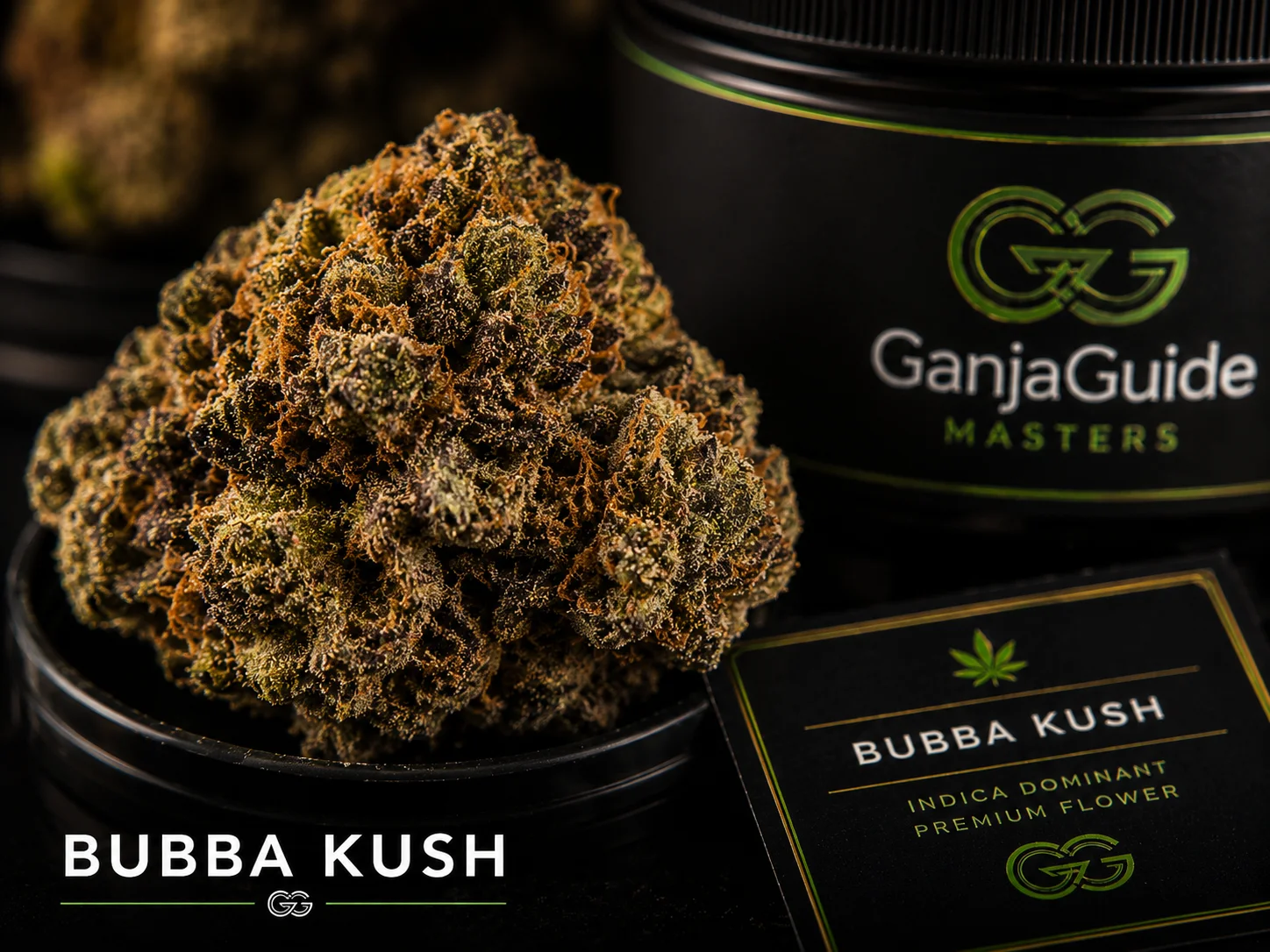 Illustratieve macrofoto van een gelabelde Bubba Kush cannabisbloem