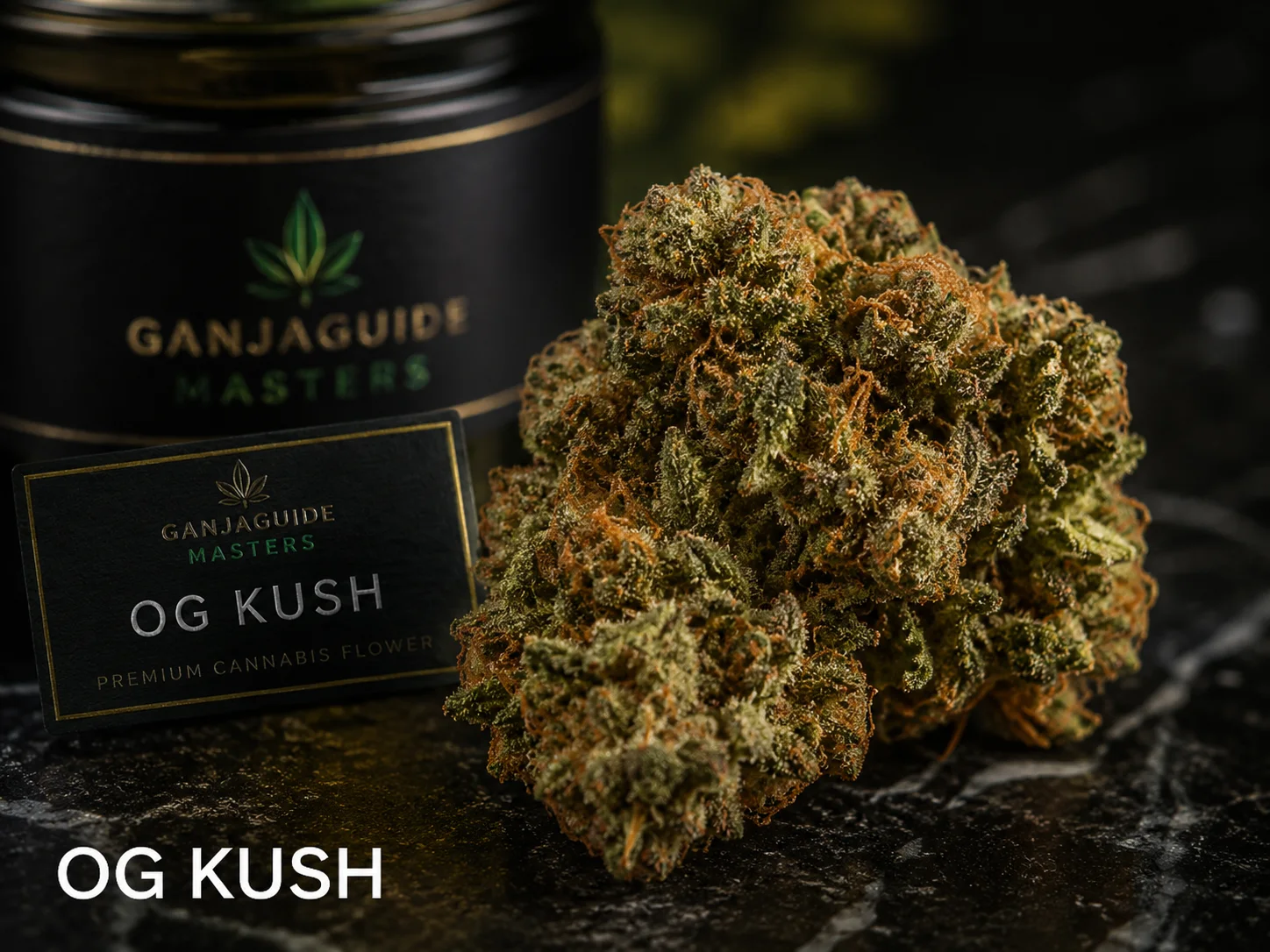 Illustratieve macrofoto van een gelabelde OG Kush cannabisbloem