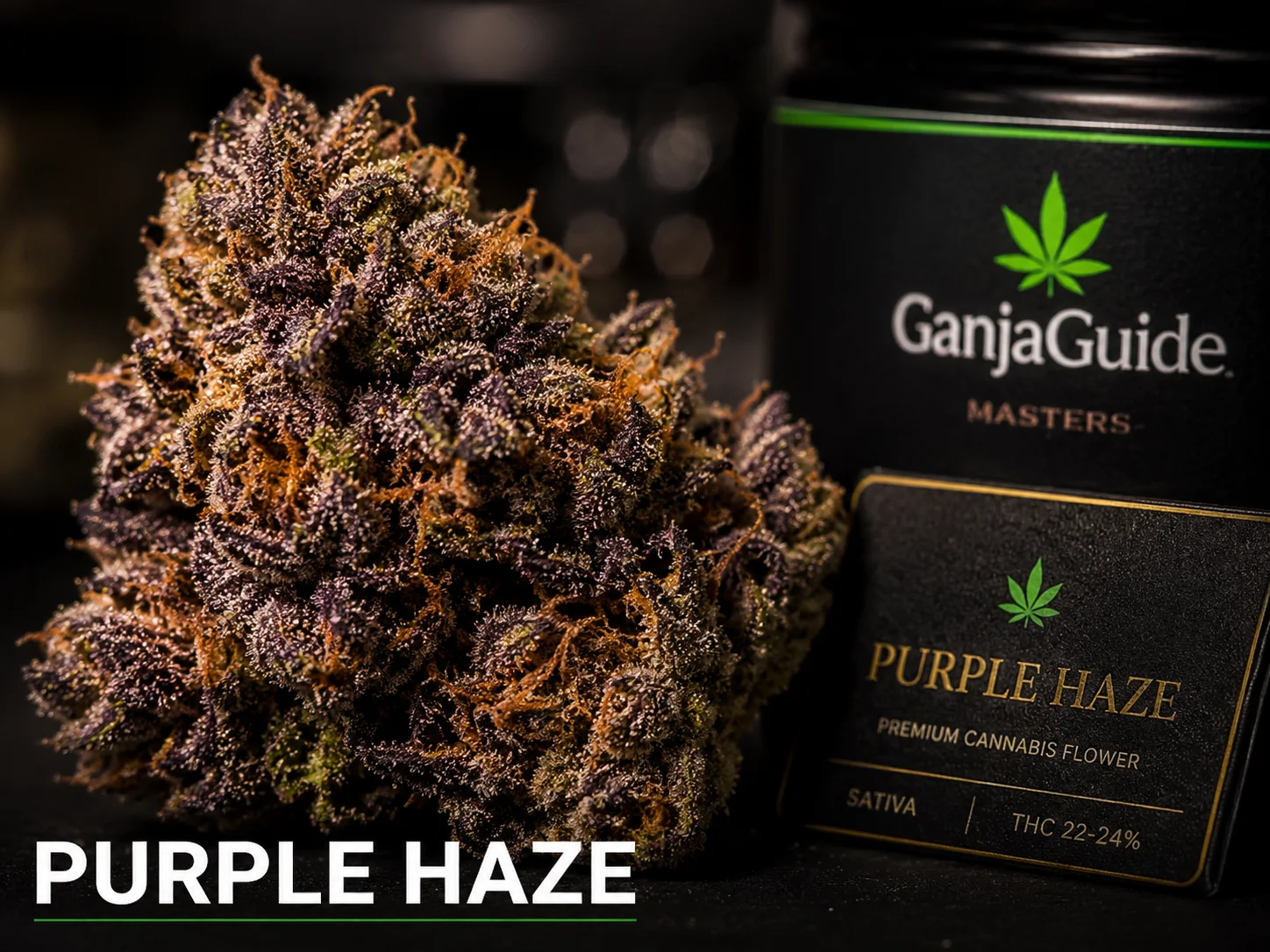 Illustratieve macrofoto van een gelabelde Purple Haze cannabisbloem
