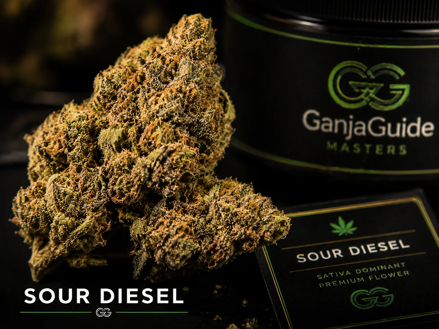 Illustratieve macrofoto van een gelabelde Sour Diesel cannabisbloem